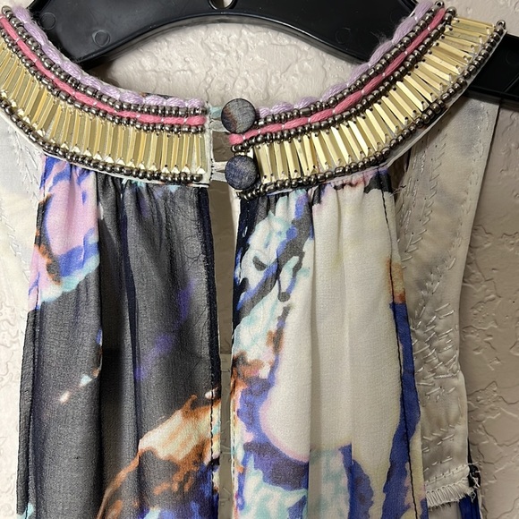 Charlie Jade Embellished MultiColor Abstract Print Silk Maxi Dress sz M - Picture 5 of 9